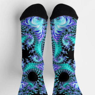Psychedelic Cyan Tentacle Abstract Fractal Art Socks