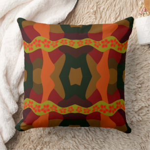 Psychedelic Daisy Chain Patchwork Brown Olive Red Cushion