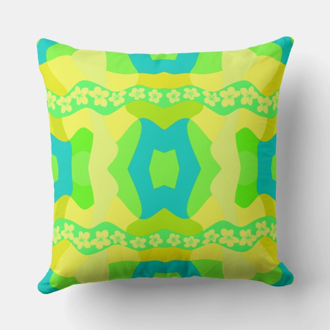Psychedelic Daisy Chain Patchwork Lemon Lime Teal Cushion (Back)