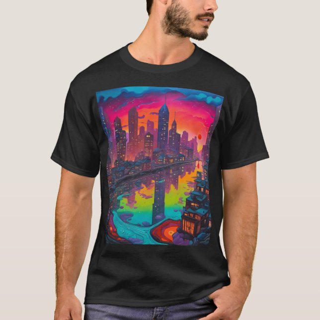 Psychedelic Darker Cityscape  T-Shirt (Front)