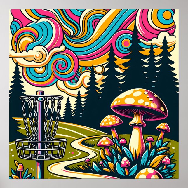 Psychedelic Disc Golf Basket and Retro Mushrooms Poster (Front)