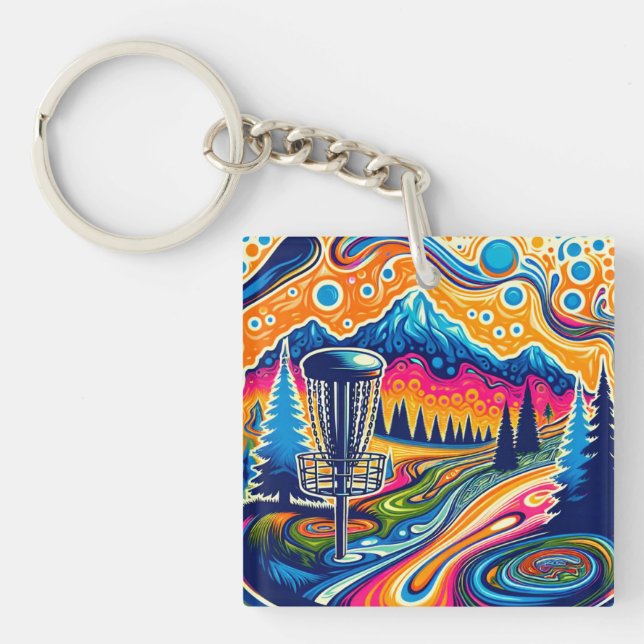 Psychedelic Disc Golf Course in the Mountains Key Ring (Front)