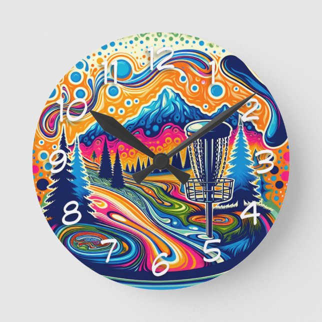 Psychedelic Disc Golf Course in the Mountains Round Clock (Front)
