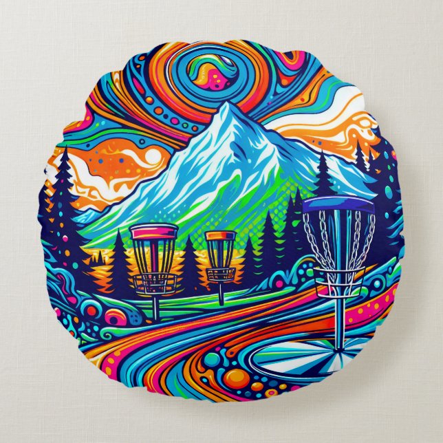Psychedelic Disc Golf Course Round Cushion (Front)