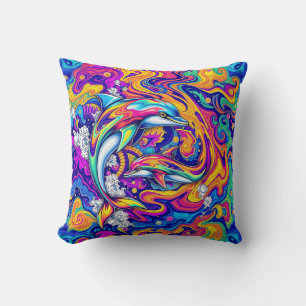 Psychedelic Dolphins in Vivid Ocean Swirls Cushion