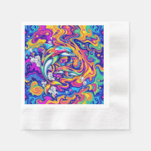 Psychedelic Dolphins in Vivid Ocean Swirls Napkin