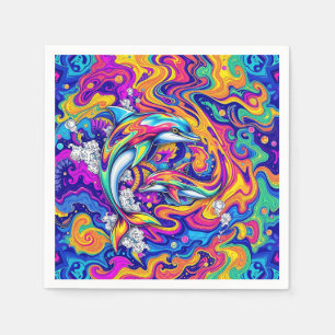 Psychedelic Dolphins in Vivid Ocean Swirls Napkin