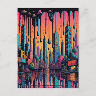 Psychedelic Drippy City Art Postcard