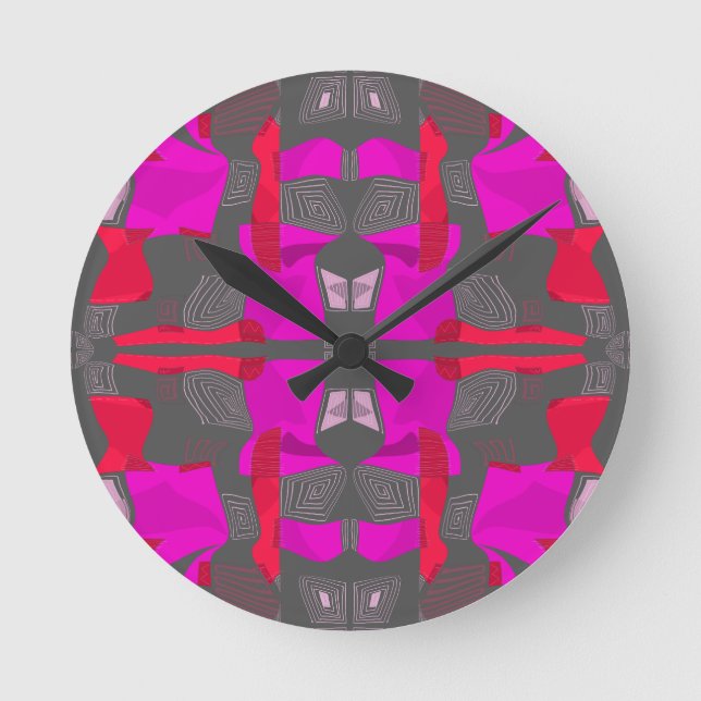 Psychedelic Egyptian Collage: Fuchsia Red Grey Round Clock (Front)