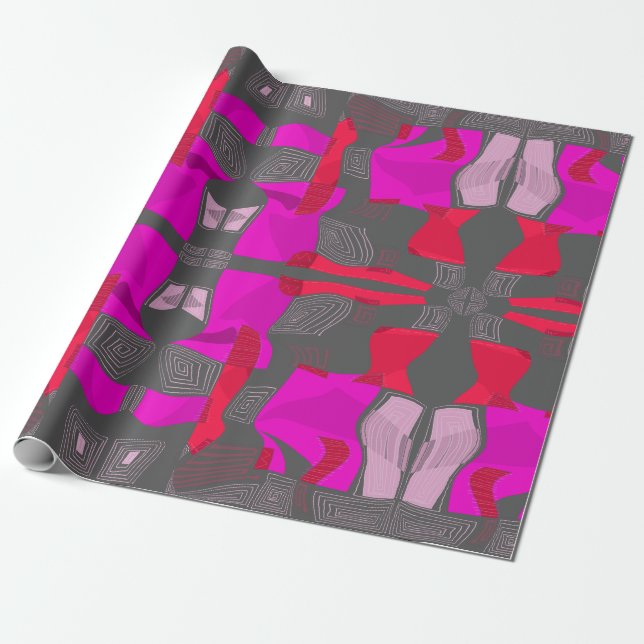 Psychedelic Egyptian Collage: Fuchsia Red Grey Wrapping Paper (Unrolled)