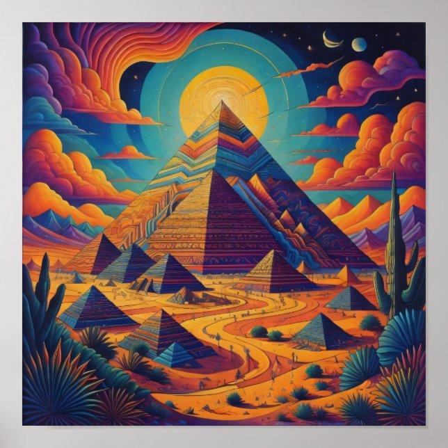 Psychedelic Egyptian Pyramid Landscape Art Poster (Front)