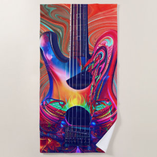 Psychedelic Electric Acoustic Semi Guitars Art    Beach Towel