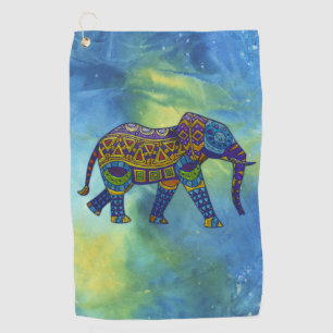 Psychedelic elephant on blue-green outer-space golf towel