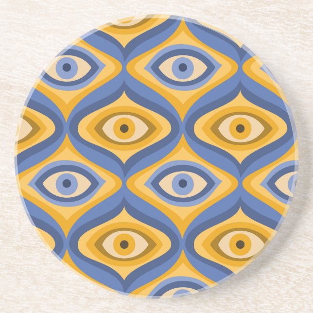 Psychedelic eye pattern indigo blue yellow coaster (Front)