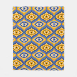 Psychedelic eye pattern indigo blue yellow fleece blanket