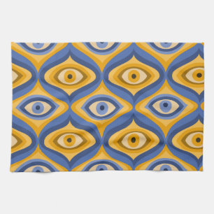 Psychedelic eye pattern indigo blue yellow tea towel