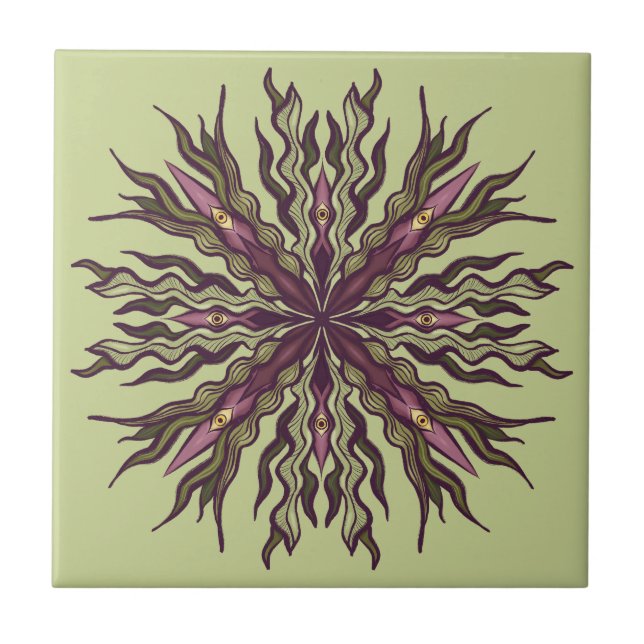 Psychedelic Eye Plant - Surreal Botanical Mandala Ceramic Tile (Front)