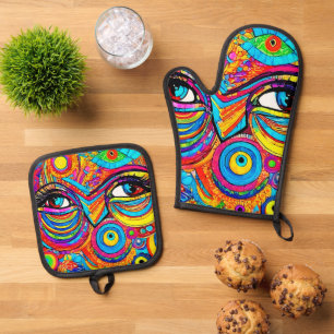 Psychedelic Eye View Design Oven Mitt & Pot Holder Set