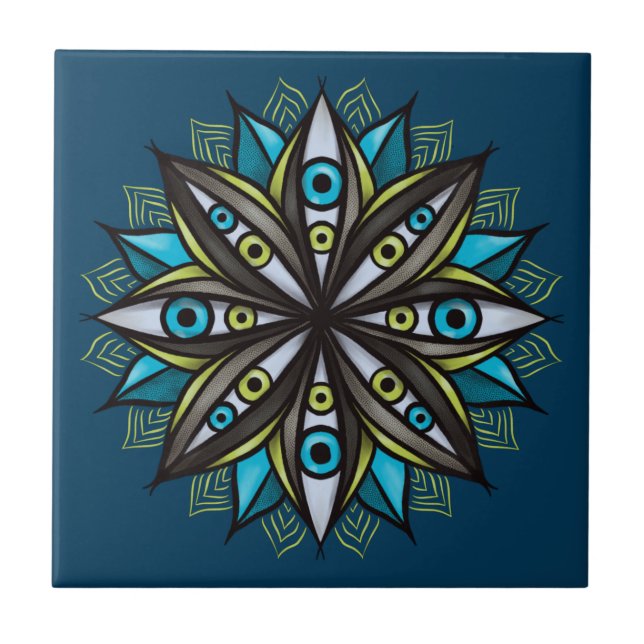 Psychedelic Eyes Double Iris Flower Mandala Horror Ceramic Tile (Front)