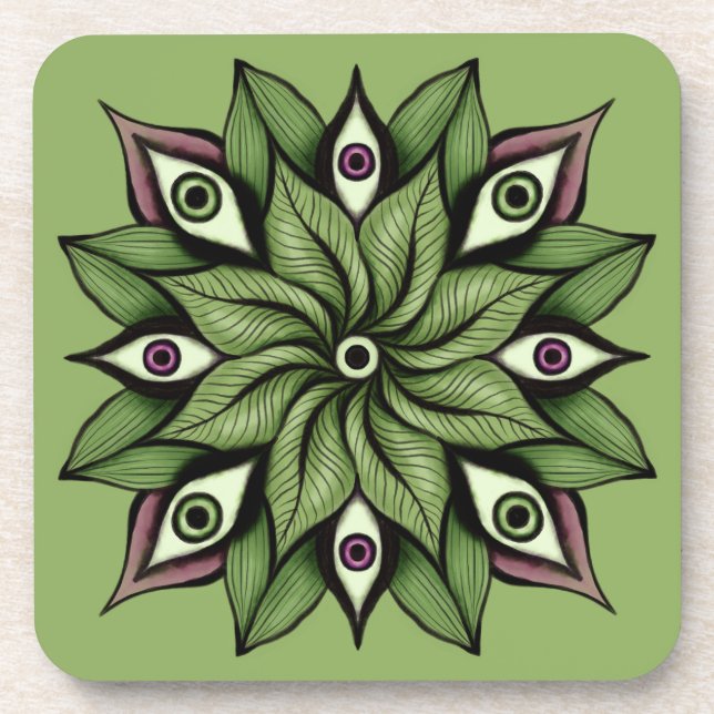 Psychedelic Eyes Mandala - Trippy Floral Pattern Coaster (Front)