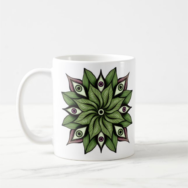Psychedelic Eyes Mandala - Trippy Floral Pattern Coffee Mug (Left)