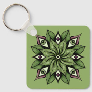 Psychedelic Eyes Mandala - Trippy Floral Pattern Key Ring