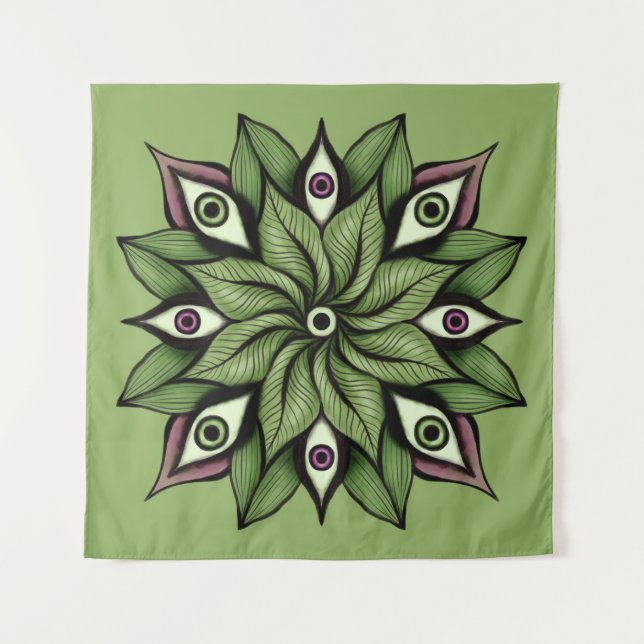 Psychedelic Eyes Mandala - Trippy Floral Pattern Tapestry (Front)