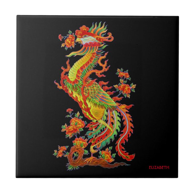 Psychedelic Fantasy Exotic Fractal Dragon Phoenix Ceramic Tile (Front)