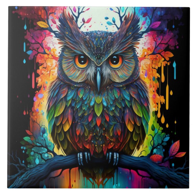Psychedelic Fantasy Hippy Owl Ceramic Tile (Front)