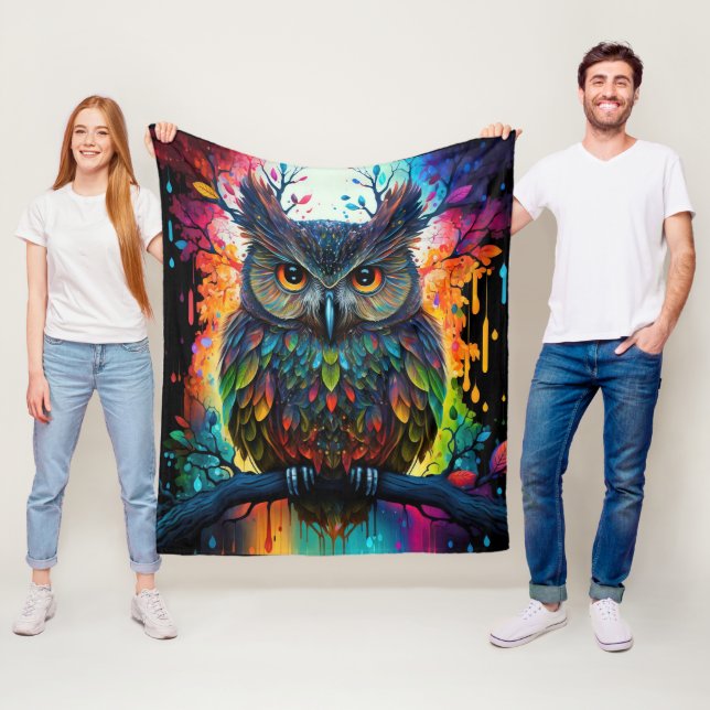 Psychedelic Fantasy Hippy Owl Fleece Blanket (In Situ)