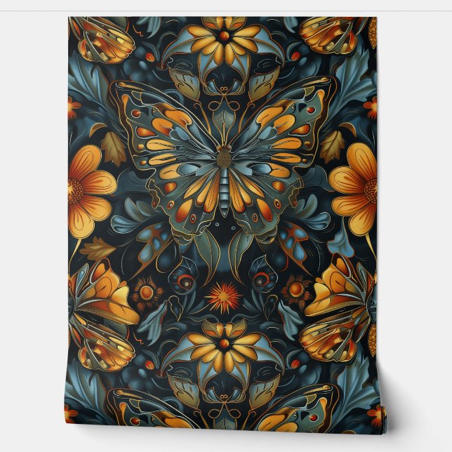 Psychedelic Flight Tapestry Botanical Wallpaper (Unrolling)