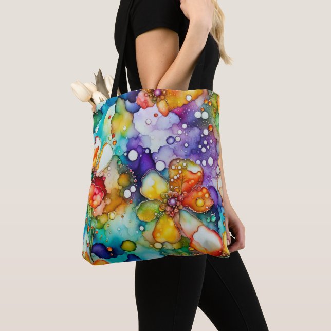 Psychedelic Floral and Bubbles Abstract Tote Bag (Close Up)