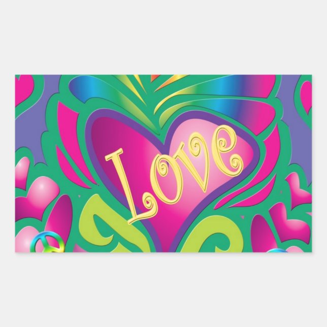 Psychedelic Floral Heart Rectangular Sticker (Front)