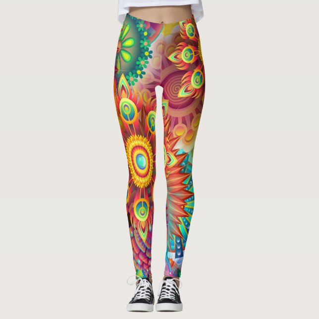 Psychedelic Floral Hippie Boho Mandala Leggings (Front)