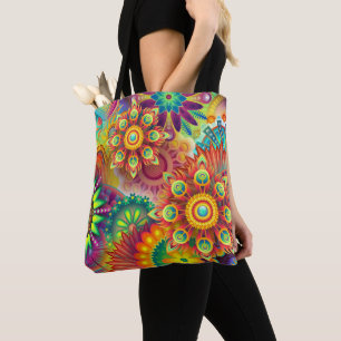 Psychedelic Floral Pattern Tote Bag