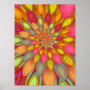 Psychedelic Flower Mandala - Vibrant Rainbow Flora Poster