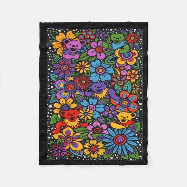 Psychedelic Flowers Dancing Bears Coloured Gratefu Fleece Blanket (Front)