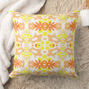Psychedelic Flowers & Heart Orange Yellow White Cushion