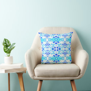 Psychedelic Flowers & Heart Turquoise Blue White Cushion