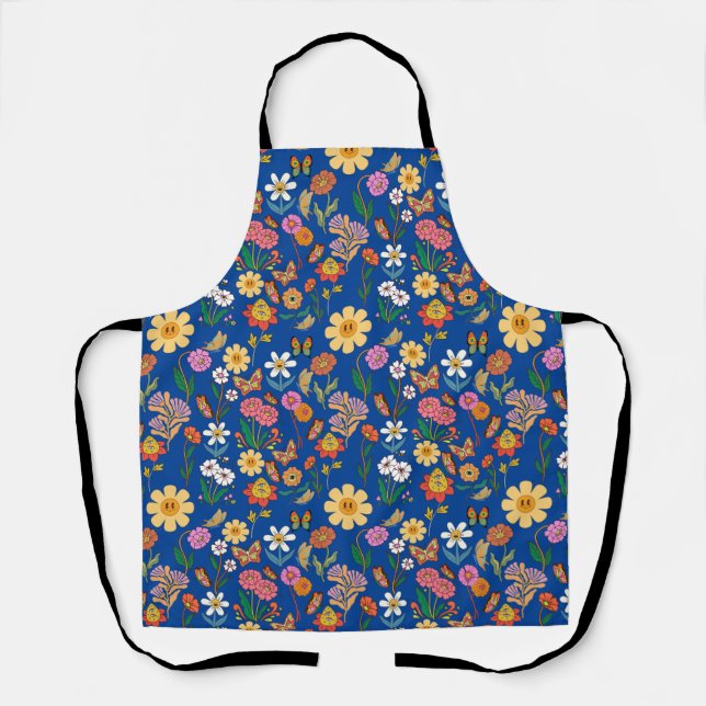 Psychedelic Flowers Pattern Retro Style Blue BG Apron (Front)