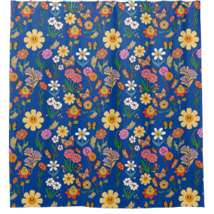 Psychedelic Flowers Pattern x4 Blue BG Shower Curtain