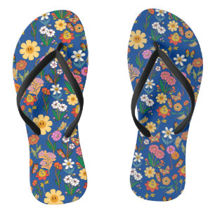 Psychedelic Flowers Pattern x4 Blue BG Thongs
