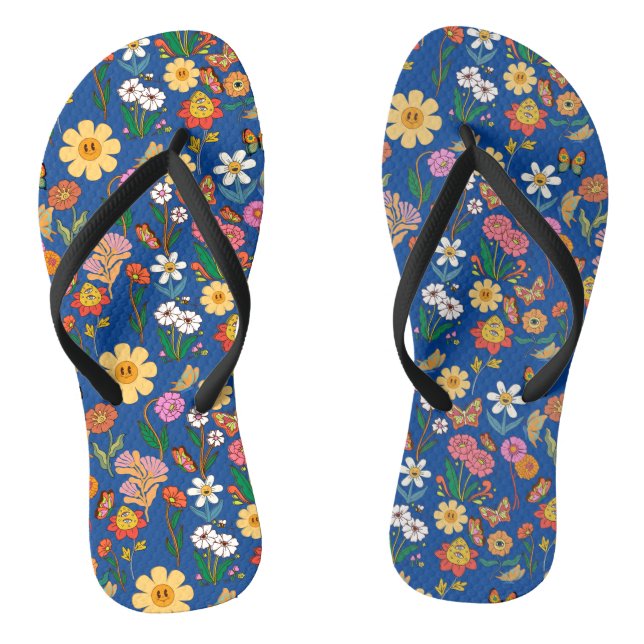 Psychedelic Flowers Pattern x4 Blue BG Thongs (Footbed)