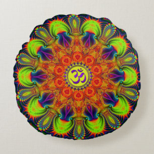 Psychedelic Fractal Kaleidoscope Om Round Cushion
