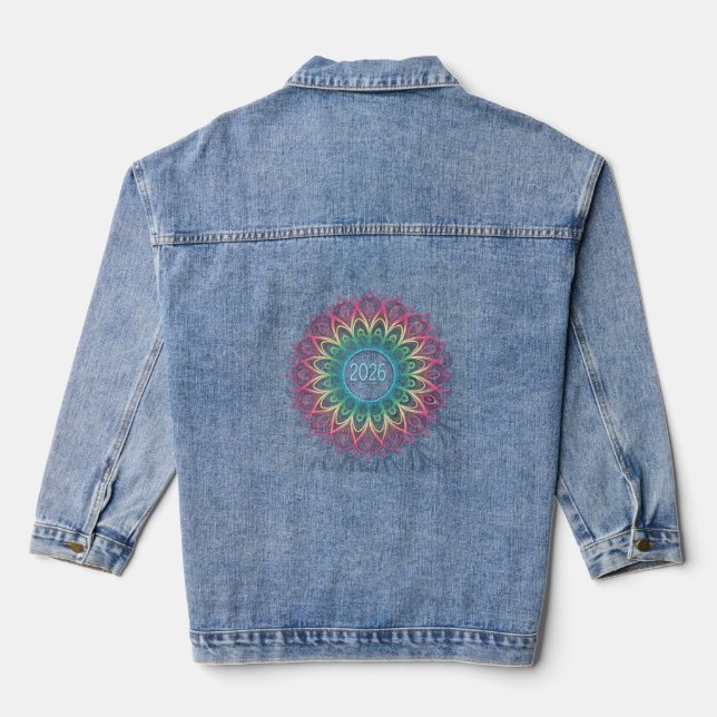 Psychedelic Fractal Mandala 2026 Design with Neon  Denim Jacket (Back)