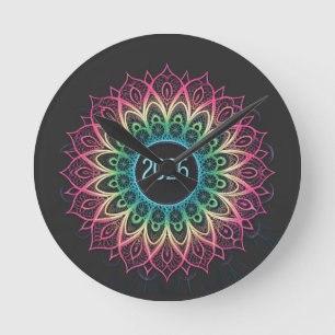 Psychedelic Fractal Mandala 2026 Design with Neon Round Clock