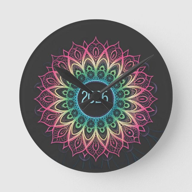 Psychedelic Fractal Mandala 2026 Design with Neon  Round Clock (Front)