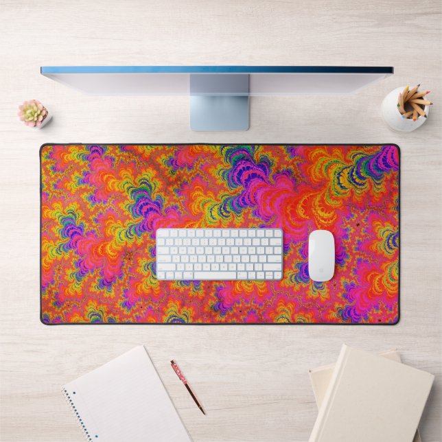 Psychedelic Funky Hippie Boho Neon Rainbow Fractal Desk Mat (Office 1)