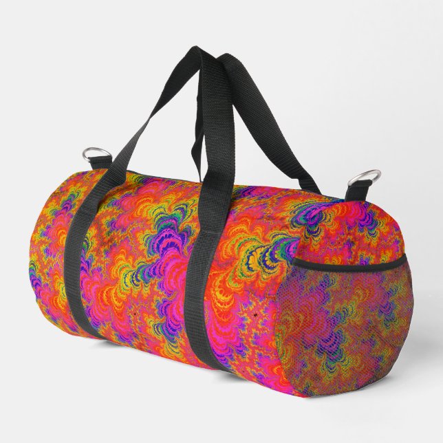 Psychedelic Funky Hippie Boho Neon Rainbow Fractal Duffle Bag (Right Corner)