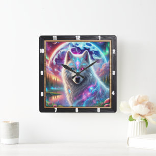 Psychedelic Galaxy Wolf  Square Wall Clock